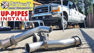 2001 F350 73  RiffRaff UpPipes Install  Stock up pipes leaking and falling apart JUNK SP [upl. by Gnes193]