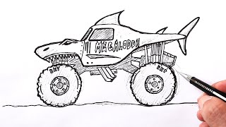 How to draw a Monster Truck Megaladon  Shark monster truck drawing [upl. by Sonaj]